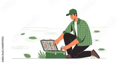 Fisherman Selecting Lure From Tackle Box For Fishing Trip By Quiet Pond