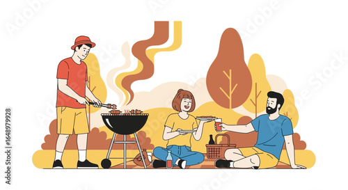 Friends Enjoying Outdoor Barbecue And Picnic Together In The Park Landscape