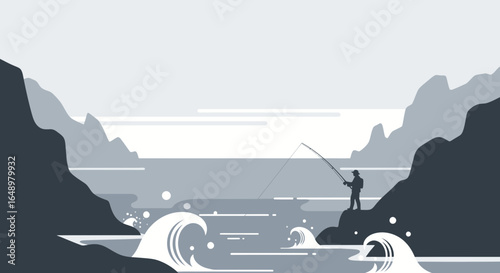 Fisherman Silhouette Against Mountain Seascape Enjoying Peaceful Outdoor Pursuit