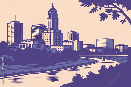 Des Moines skyline at twilight with the Des Moines River still and reflective, framed by parkland and evening sky gradients, modern flat illustration style.