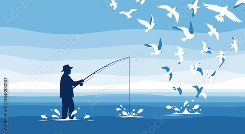Fisherman Silhouette Casting Line Amidst Seabirds In Calm Ocean Scene