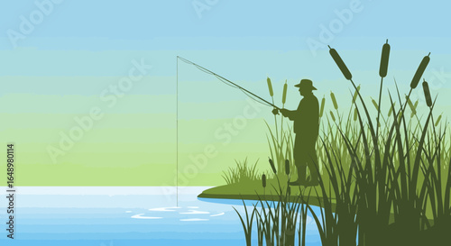 Fisherman Silhouette Casting Line At Tranquil Lakeside In The Wilderness