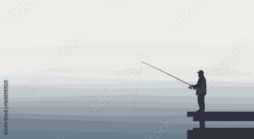 Fisherman Silhouette Casts Line During Peaceful Morning On The Water Pier