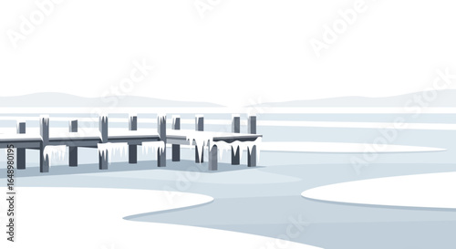 Frozen Pier in Winter Landscape Snowy Scene With Icicles On Wood Pier