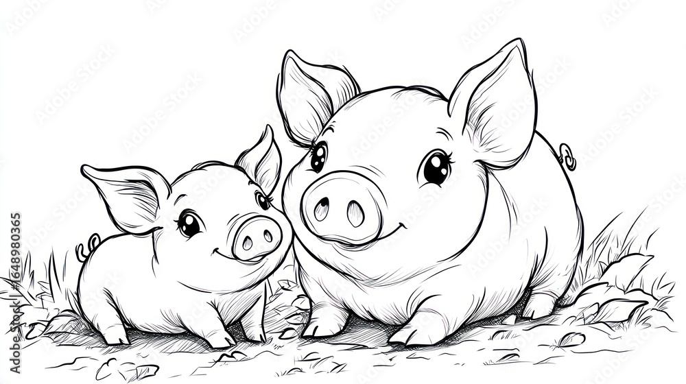 Fototapeta premium Cute piglet duo in a field, drawn in black and white with lovely details