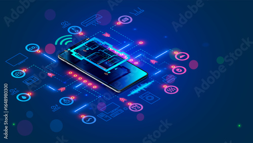 Smart home system develop. Internet of things. Engineering design digital infrastructure of house, configuration scripting of work smart devices. Phone app control IOT through 5g internet connection.