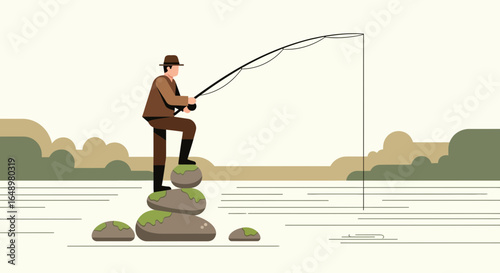 Fisherman Silhouette Standing on Rocks Casting Line in Serene River Setting