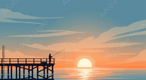 Fisherman Silhouette Stands On Pier At Sunrise Serene Ocean Scene