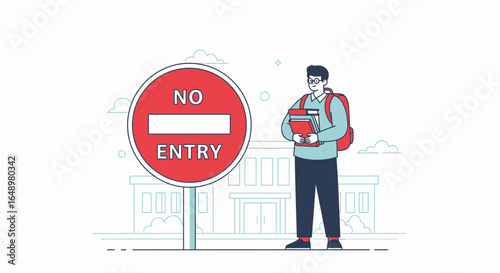Frustrated Student Blocked From School Building by No Entry Sign Illustration