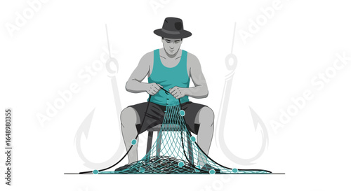 Fisherman Sitting Crafting A Net With Fishing Hooks On A White Background