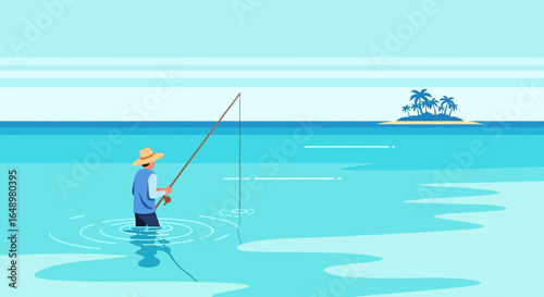 Fisherman Standing In Tropical Sea Holding Fishing Rod On Holiday
