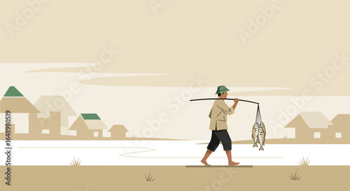Fisherman Walking Home After a Successful Fishing Trip Illustration