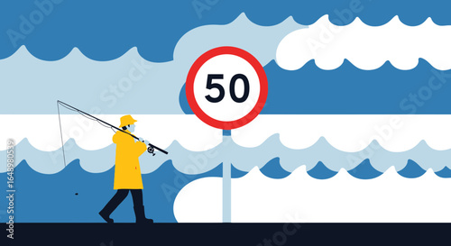 Fisherman Walking Near Speed Limit Symbol Depicts Calm Ocean With Fishing Hobbies