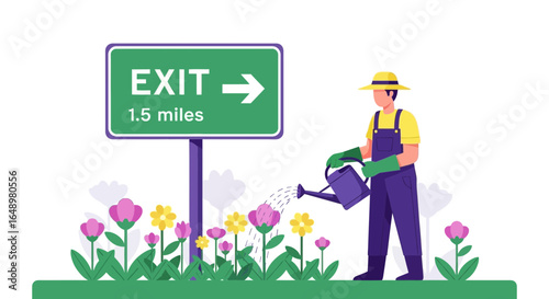 Gardener Maintains Blooming Flowers Near Exit Sign Promoting Landscape Beauty