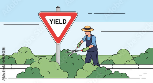 Gardener Maintaining Green Spaces Near Road Sign Illustration Vector Design