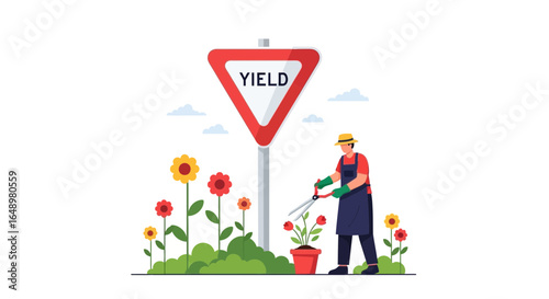 Gardener Maintaining Flowers Near Roadsign Offering Yield And Growth Concepts