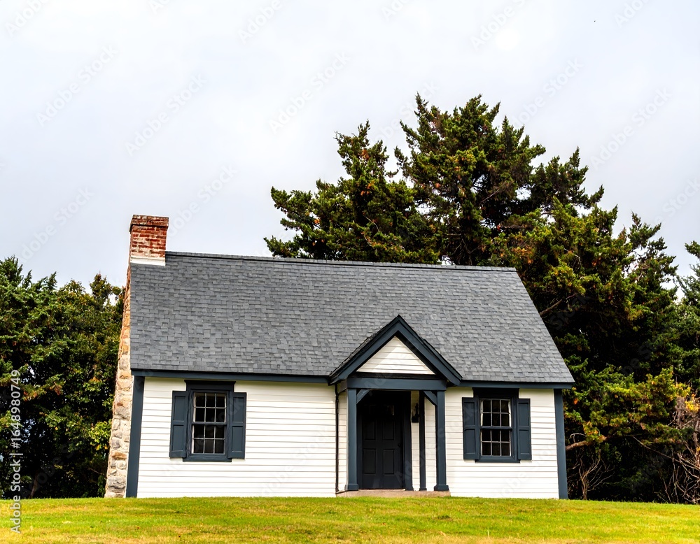 A classic small white house with black shutters and a grey roof, nestled in a green lawn with trees in the background, exuding a charming, traditional American aesthetic. A classic small white house with black shutters and a grey roof, nestled in a green lawn with trees in the background, exuding a charming, traditional American aesthetic.