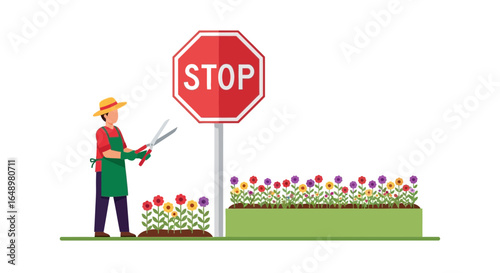 Gardener Pruning Near Stop Sign Concept On White Background Minimalist Style