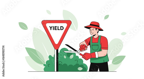Gardener Tending To Bushes Near Yield Road Sign In Flat Vector Illustration