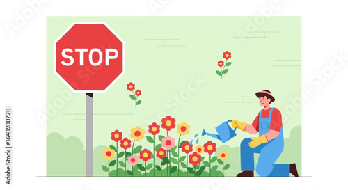 Gardener Watering Flowers Next To A Stop Sign In Summer Illustration