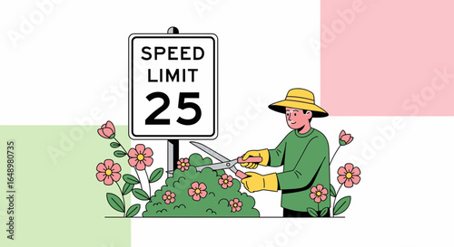 Gardener Trimming Flower Bush Near A Speed Limit Sign Vector Illustration