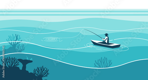 Fishing Adventure On Tranquil Waters Illustration On Sunny Day On Serene Lake