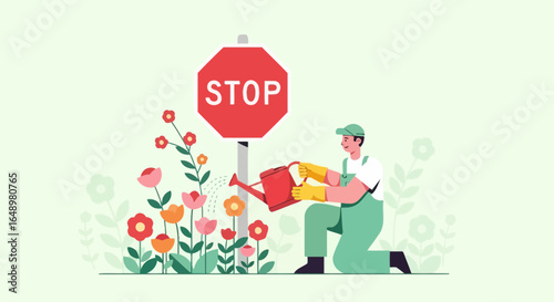 Gardener Waters Flowers Beside A Stop Sign Symbolizing Growth After Restrictions