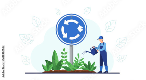 Gardener Waters Plants Around A Roundabout Sign Representing Sustainable Urban Landscaping