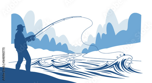 Fishing Adventure: Silhouette of Angler Casting Line in Serene Waterscape