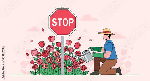 Gardener's Gentle Stop Nurturing Beautiful Floral Display For Creative Concept