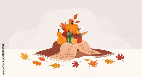 Gathering Of Autumnal Harvest Bounty Displayed On A Cozy Blanket Background