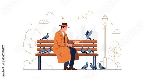 Generous Man Feeding Pigeons Sitting On A Park Bench With City View