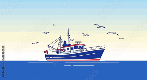 Fishing Boat Sailing On The Open Waters With A Clear Blue Sky Scenery