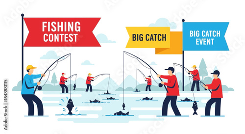 Fishing Competition Illustration Featuring People And Freshwater Fish Recreation Activity