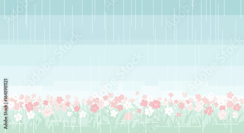Gentle Rain Falling On A Flower Field Minimalist And Calming Image