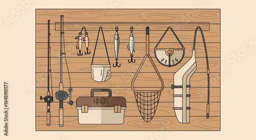 Fishing Gear And Tackle Neatly Organized On A Wooden Wall Illustration