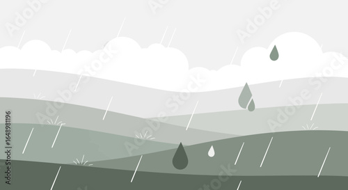 Gentle Rainfall Over Rolling Hills With Clouds and Droplets Backdrop