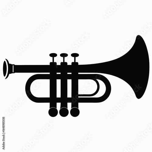Black silhouette of a trumpet with valves isolated on white background