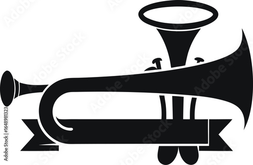 Black silhouette of a trumpet with a banner isolated on white background