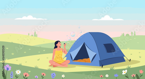 Girl Blowing Bubbles Relaxing On Camping Trip Near A Tent In The Countryside