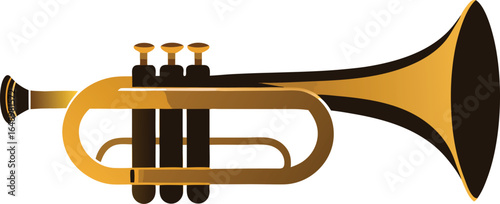 Golden trumpet with three valves isolated on white background