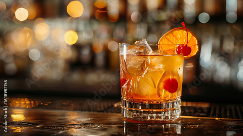 Classic Old Fashioned Cocktail with Whiskey, Large Ice Cubes, Garnished with Dried Orange Slice and Maraschino Cherries, Served in a Glass on a Polished Bar Counter with Warm Ambient Lighting