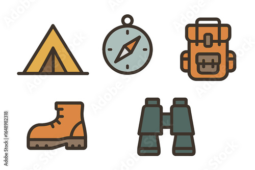 Outdoor adventure gear includes tent, compass, backpack, boots, and binoculars for camping and hiking trips