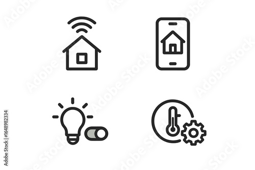 Smart home technology icons showing home automation features like lighting control and temperature adjustment for modern living