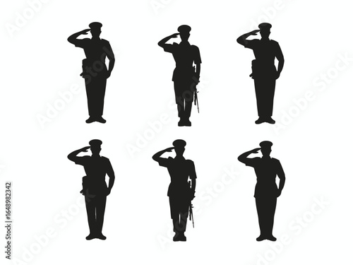 Six silhouette figures of soldiers saluting isolated on white background