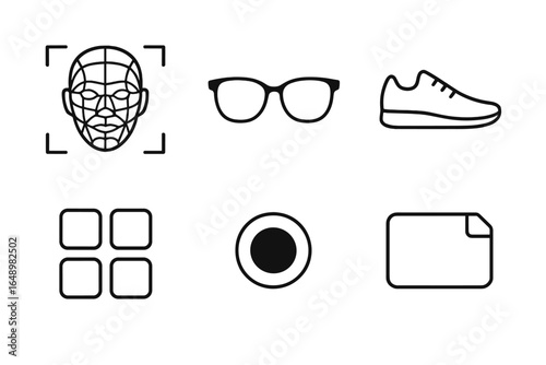 Icons representing facial recognition, eyewear, footwear, and user interface elements for design applications