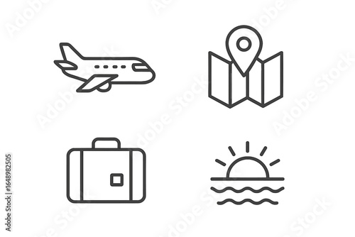 Travel symbols representing journey planning, adventure, and sunset views over the ocean