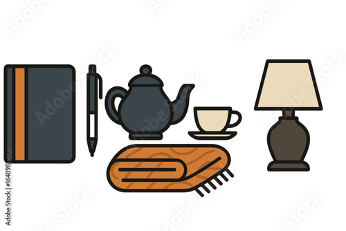 Cozy afternoon setup with notebook, tea, and lamp inviting relaxation and creativity