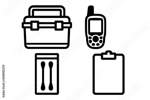 Useful tools and equipment for outdoor and emergency activities in a minimalistic style