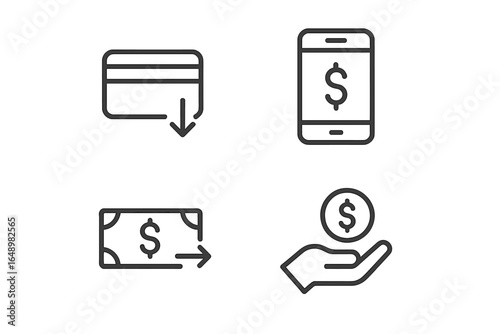 Financial transaction icons illustrating card payments, mobile banking, cash transfers, and currency exchange